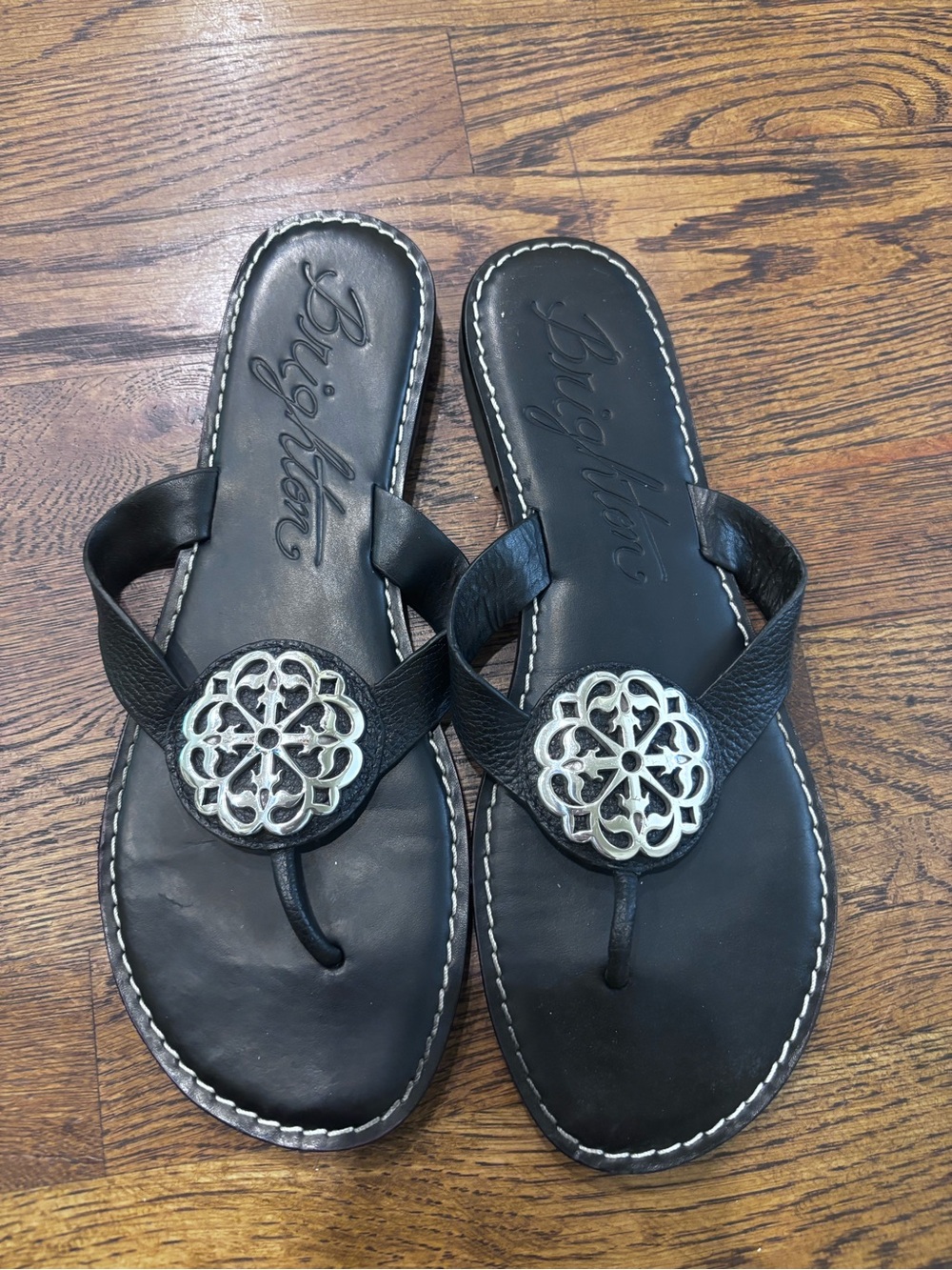 Brighton Black Leather Thong Sandals with Silver Floral Medallions